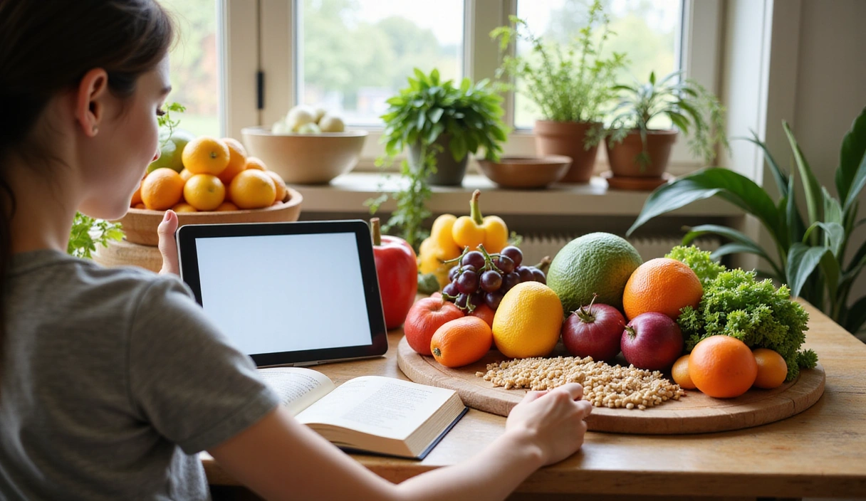 Eine Person liest ein Buch oder Tablet mit gesunden Lebensmitteln daneben, symbolisiert Lernen und gesunde Ernährung.