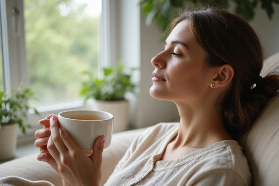 Frau entspannt sich mit einer Tasse Kräutertee, symbolisiert Ruhe und Wohlbefinden.