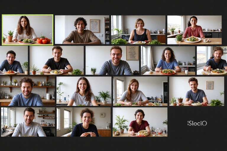 Eine Gruppe von Menschen, die an einem Online-Kochkurs teilnehmen, lachend und interaktiv über Videokonferenz-Bildschirme, mit frischen Zutaten und Küchengeräten.