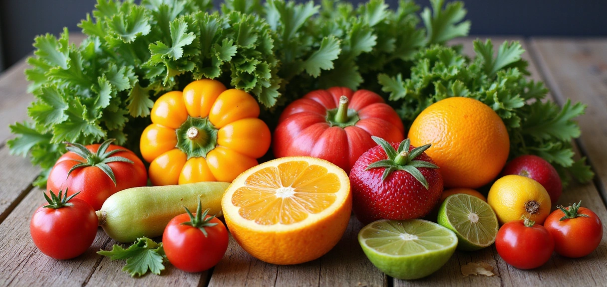 Eine Auswahl an frischem, gesundem Obst und Gemüse auf einem Holztisch, das Vitalität und ausgewogene Ernährung symbolisiert.